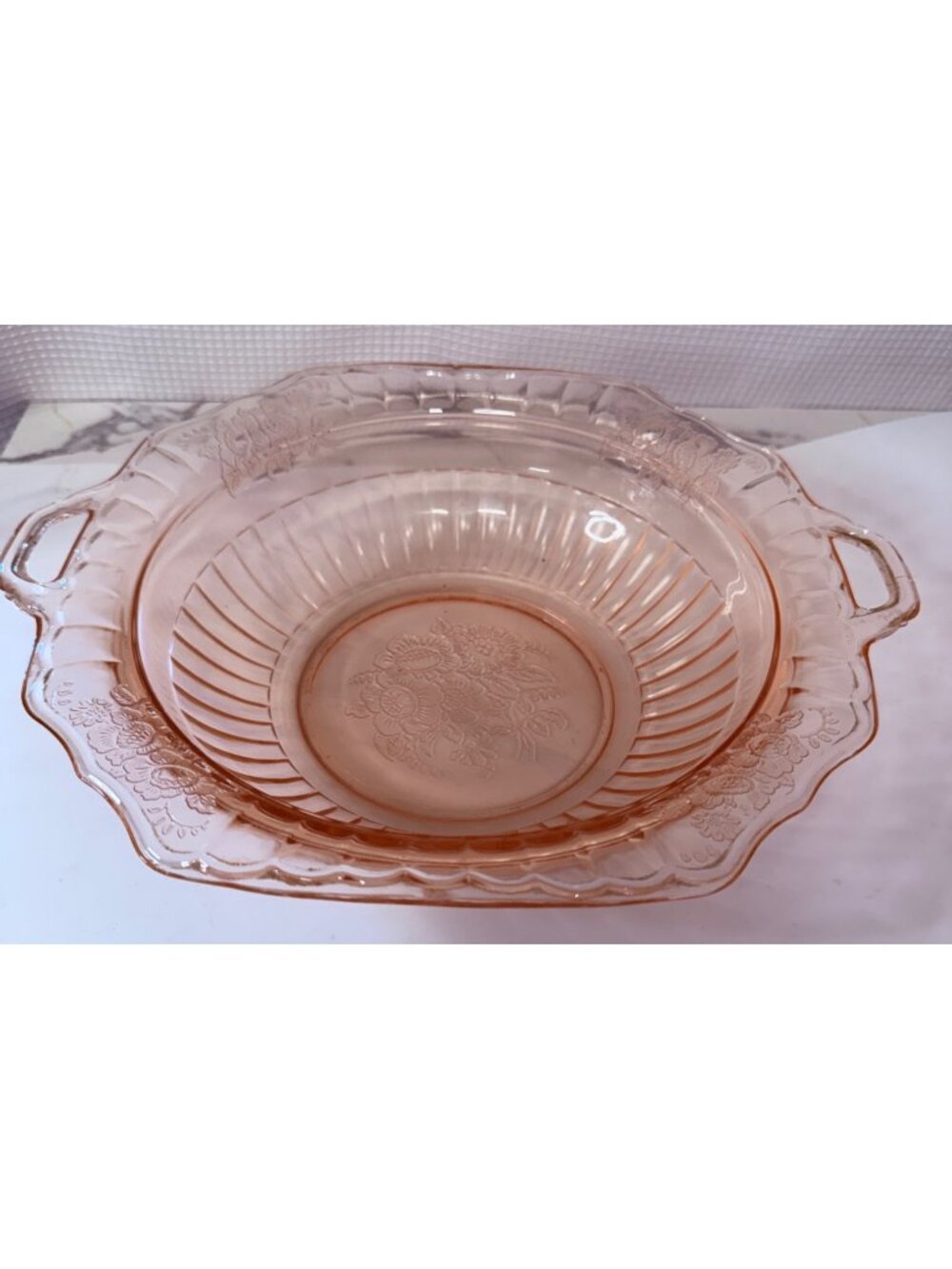 Vintage Pink Depression Glass Bowl With Floral Etching & Handles - 12" Diameter
